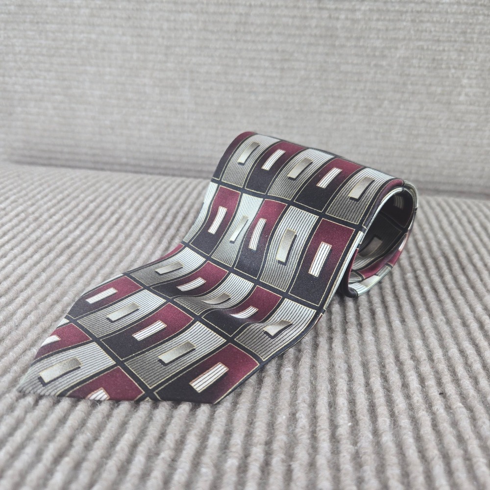 George Mens OS Burgundy Gray Geometric Silk Grid Hand Made Necktie